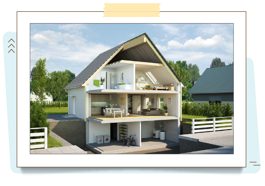 A imagem mostra um corte 3D de uma casa, permitindo a visualização de seus ambientes internos. No térreo temos a garagem e a lavanderia, no primeiro pavimento a sala e a cozinha, e no segundo pavimento vemos o banheiro e o quarto.